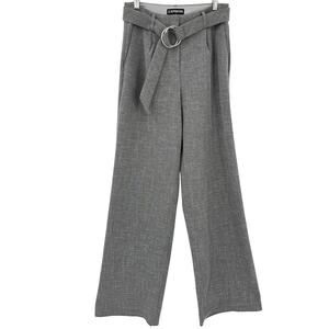 Express Womens Belted Pants size 4 Wide leg High rise Tweed Gray Work Party